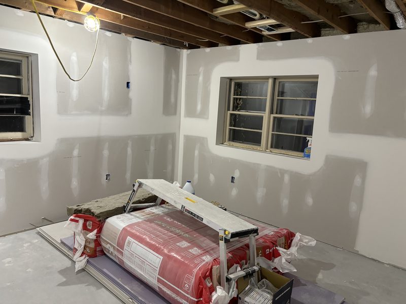A room rebuilt and drywalled after repairs